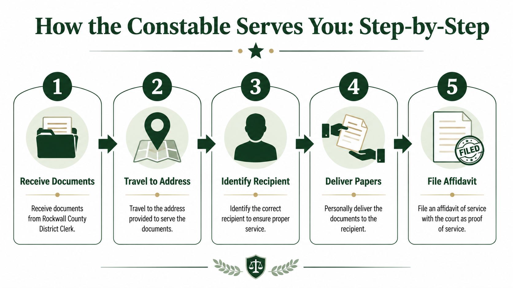 A five-step infographic showing the legal process of how a Rockwall County constable serves official documents.