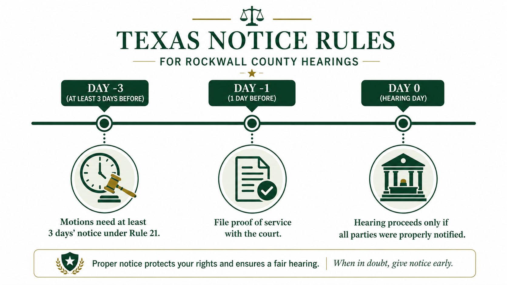 An infographic titled Texas Notice Rules for Rockwall County Hearings outlining the timeline for legal motions.