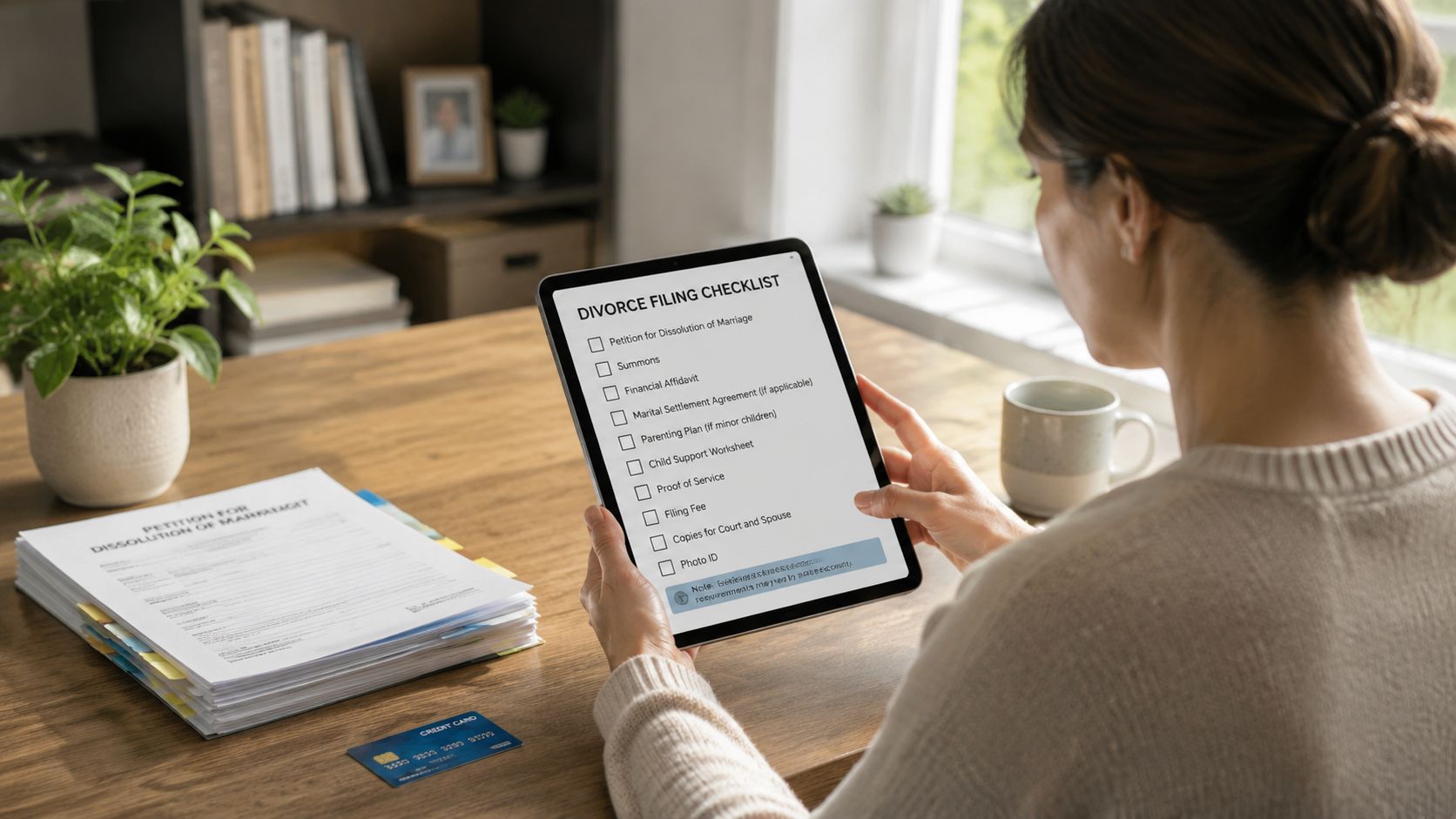 A person reviewing a digital divorce filing checklist on a tablet while sitting at a wooden desk.