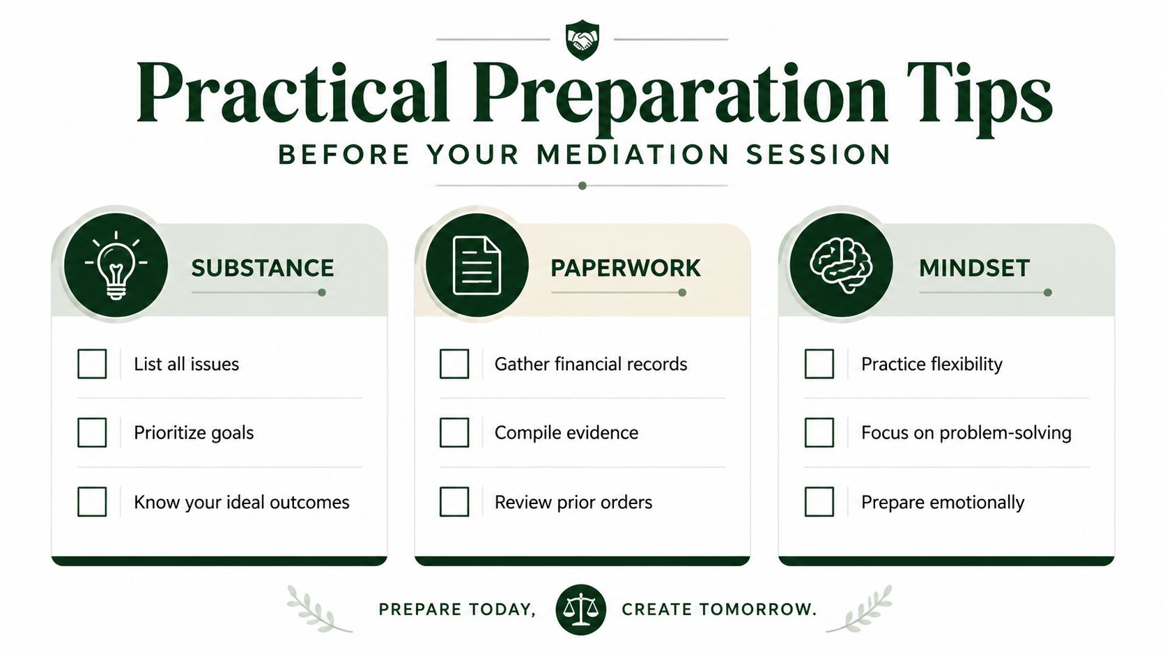 An infographic titled Practical Preparation Tips Before Your Mediation Session, outlining steps for substance, paperwork, and mindset.