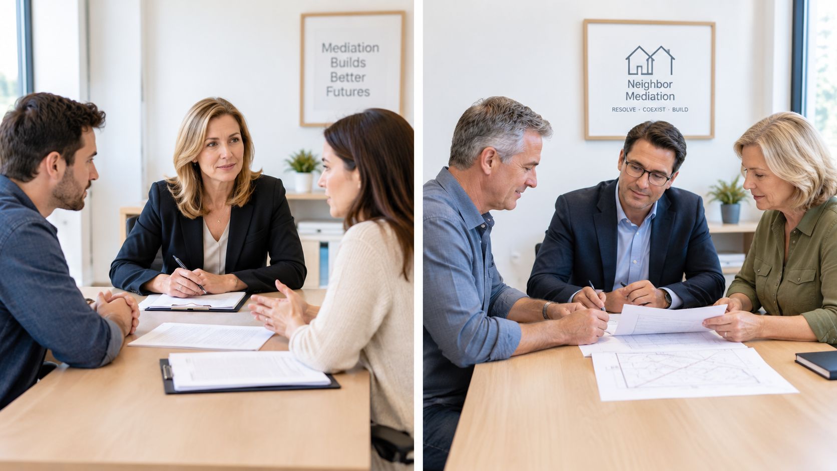 Professional mediators facilitating productive discussions between individuals during two separate resolution sessions in a modern office.