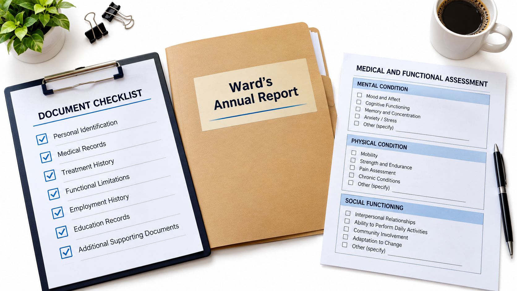 A clipboard, folder, and assessment form on a white desk with office supplies and coffee.