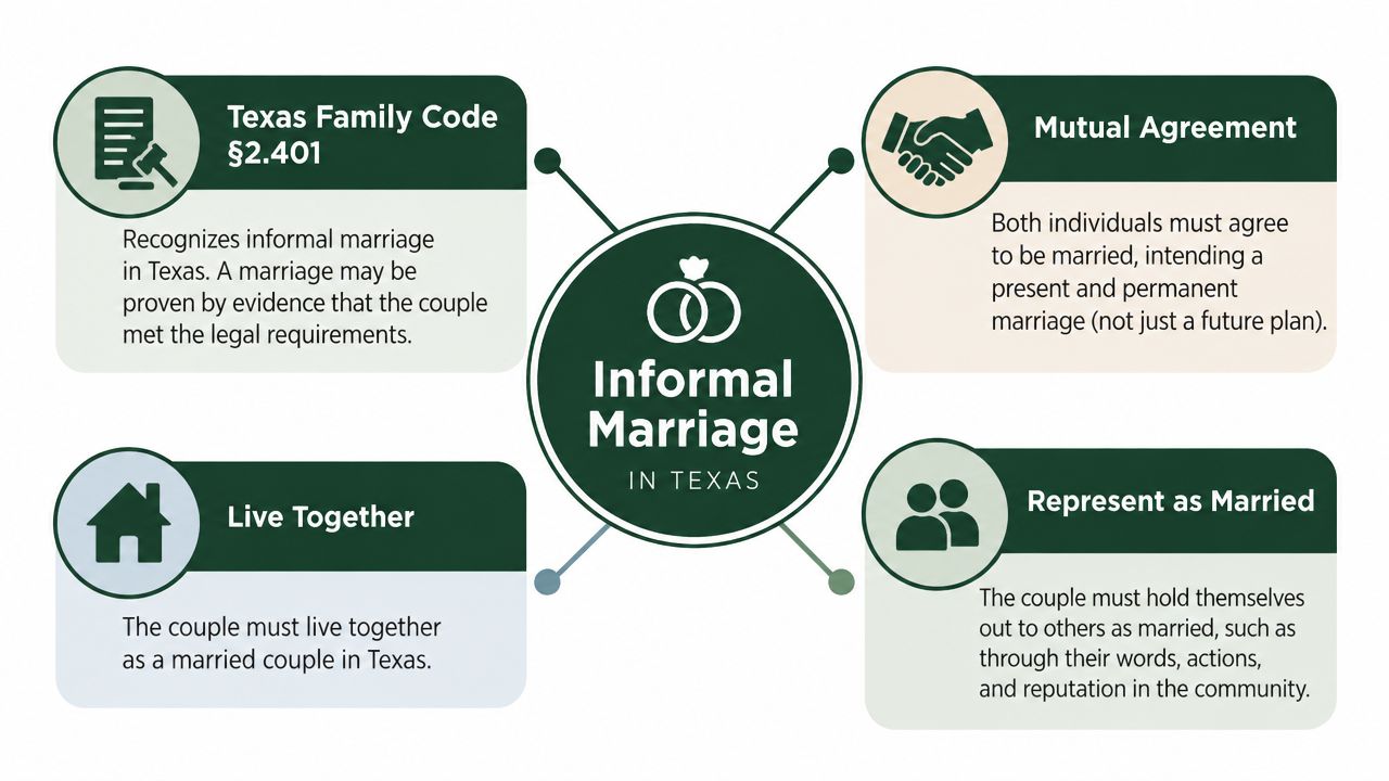 A diagram outlining the legal requirements for an informal marriage in Texas according to state code.