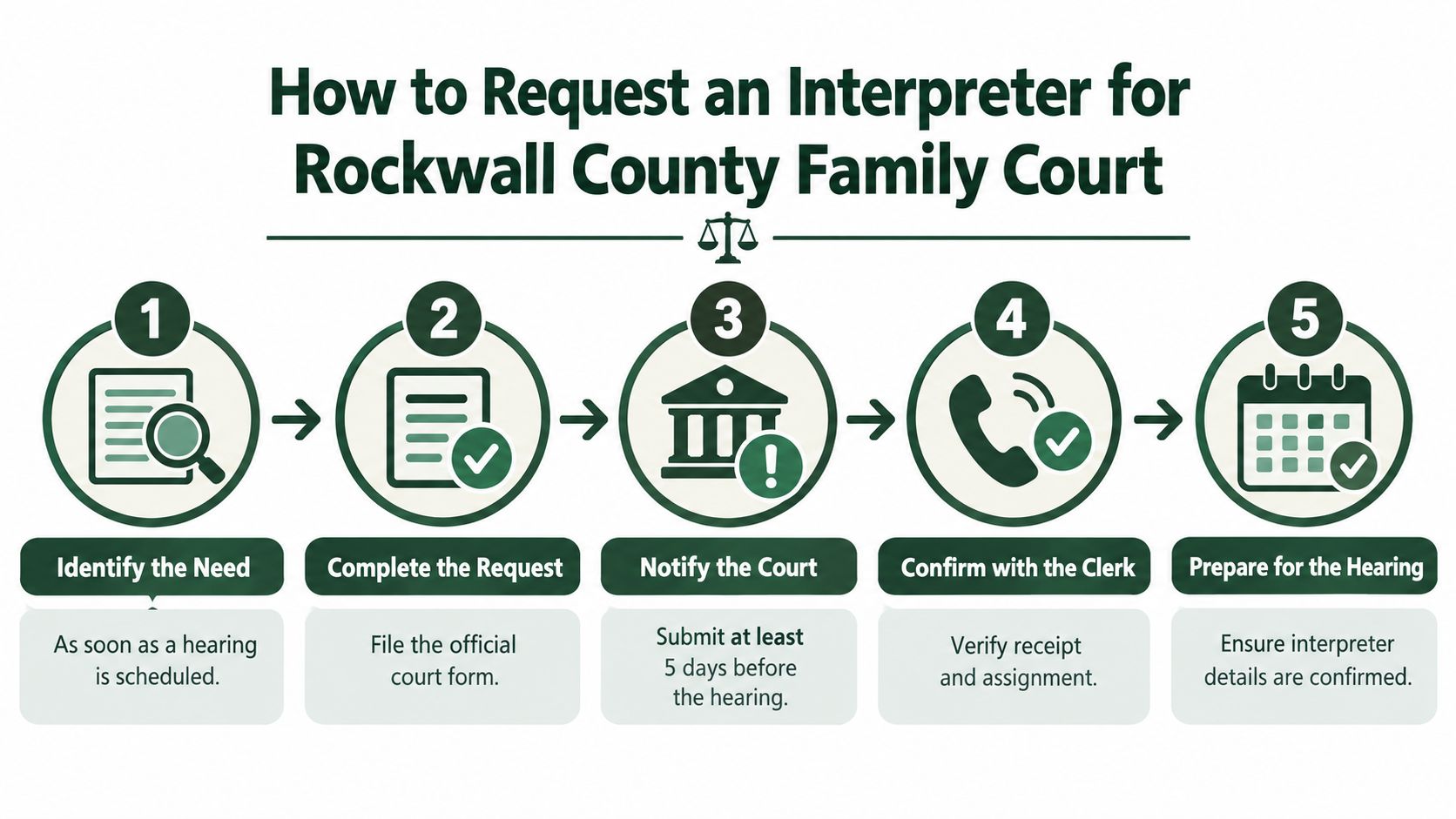 A five-step infographic showing the process to request an interpreter for Rockwall County Family Court hearings.