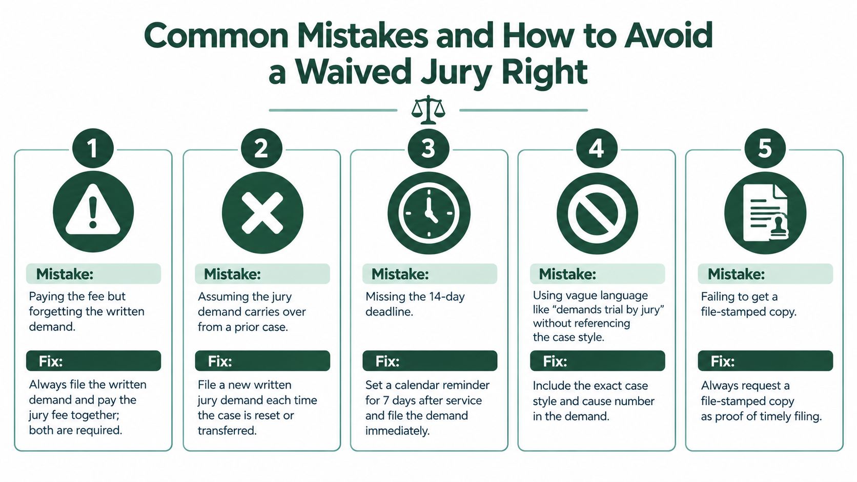 A five-step infographic explaining common legal mistakes and solutions regarding filing jury trial demands in court.
