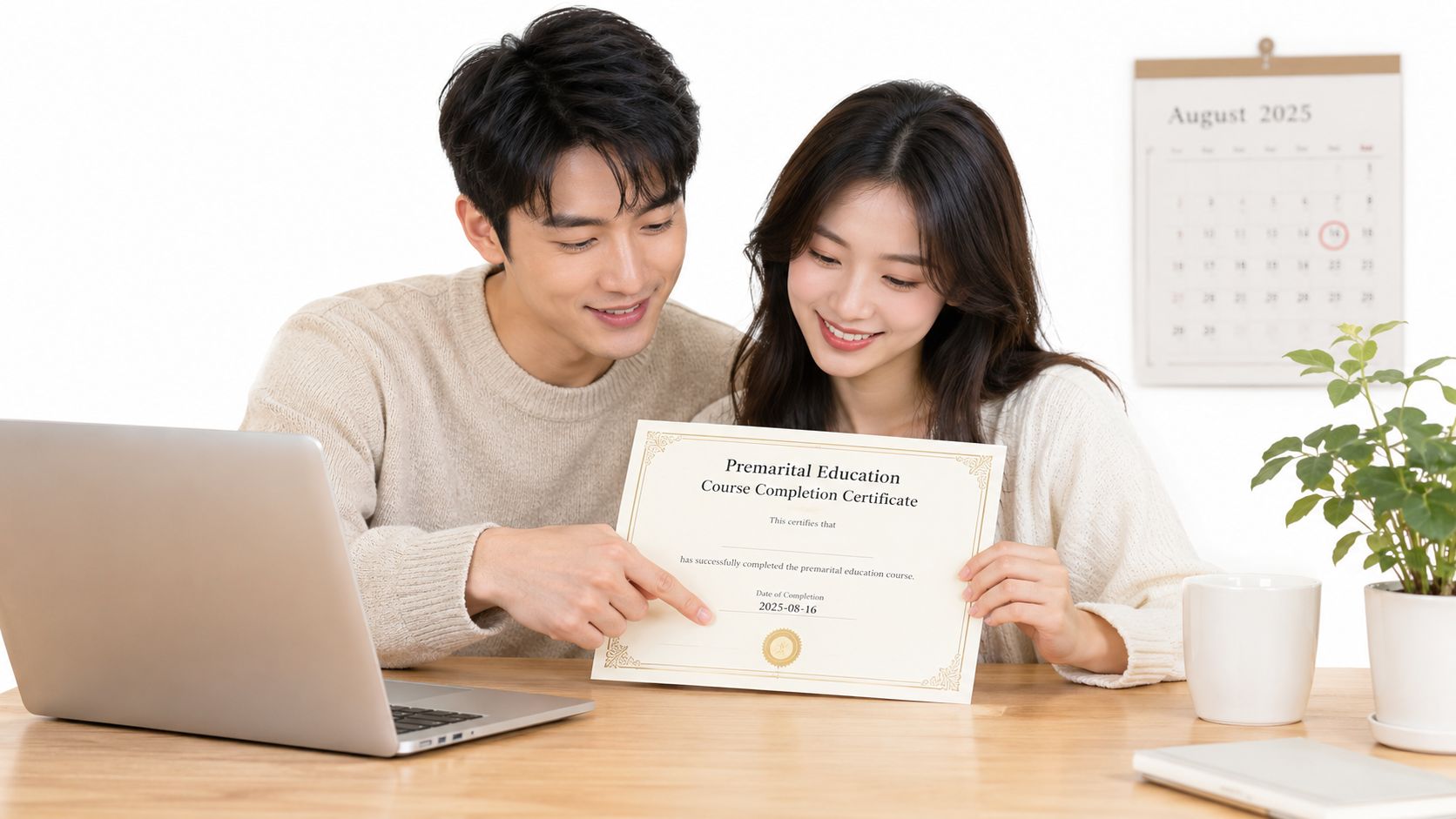 A happy young couple sitting at a wooden table looking at a premarital education completion certificate.
