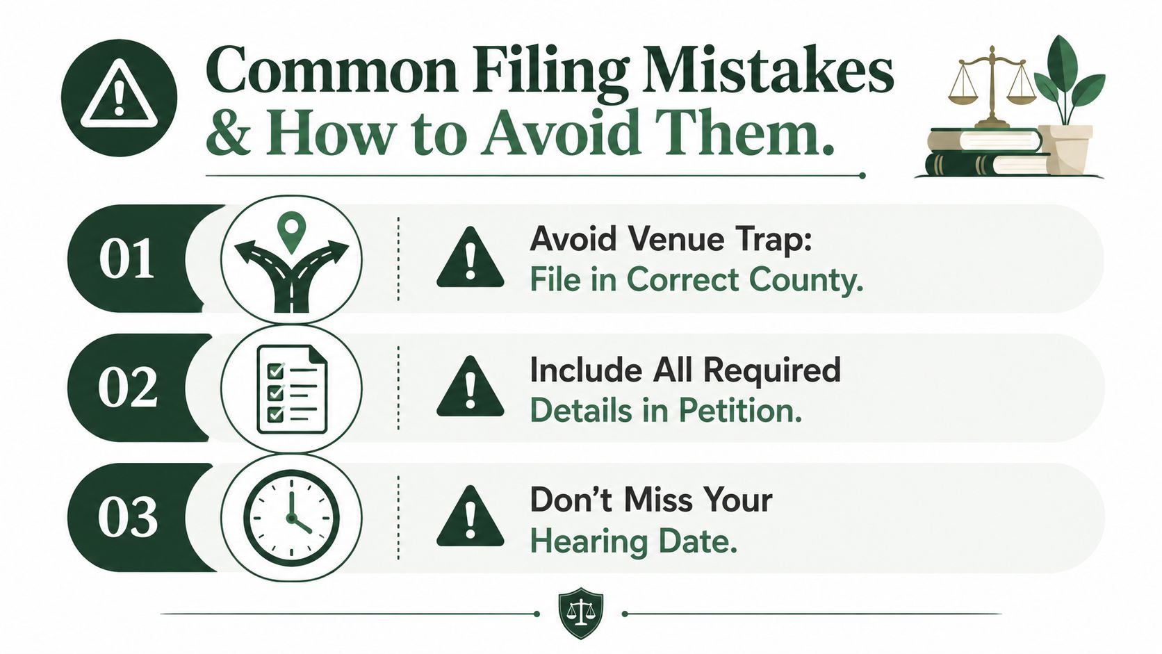 An infographic titled Common Filing Mistakes listing three tips for avoiding legal filing errors.
