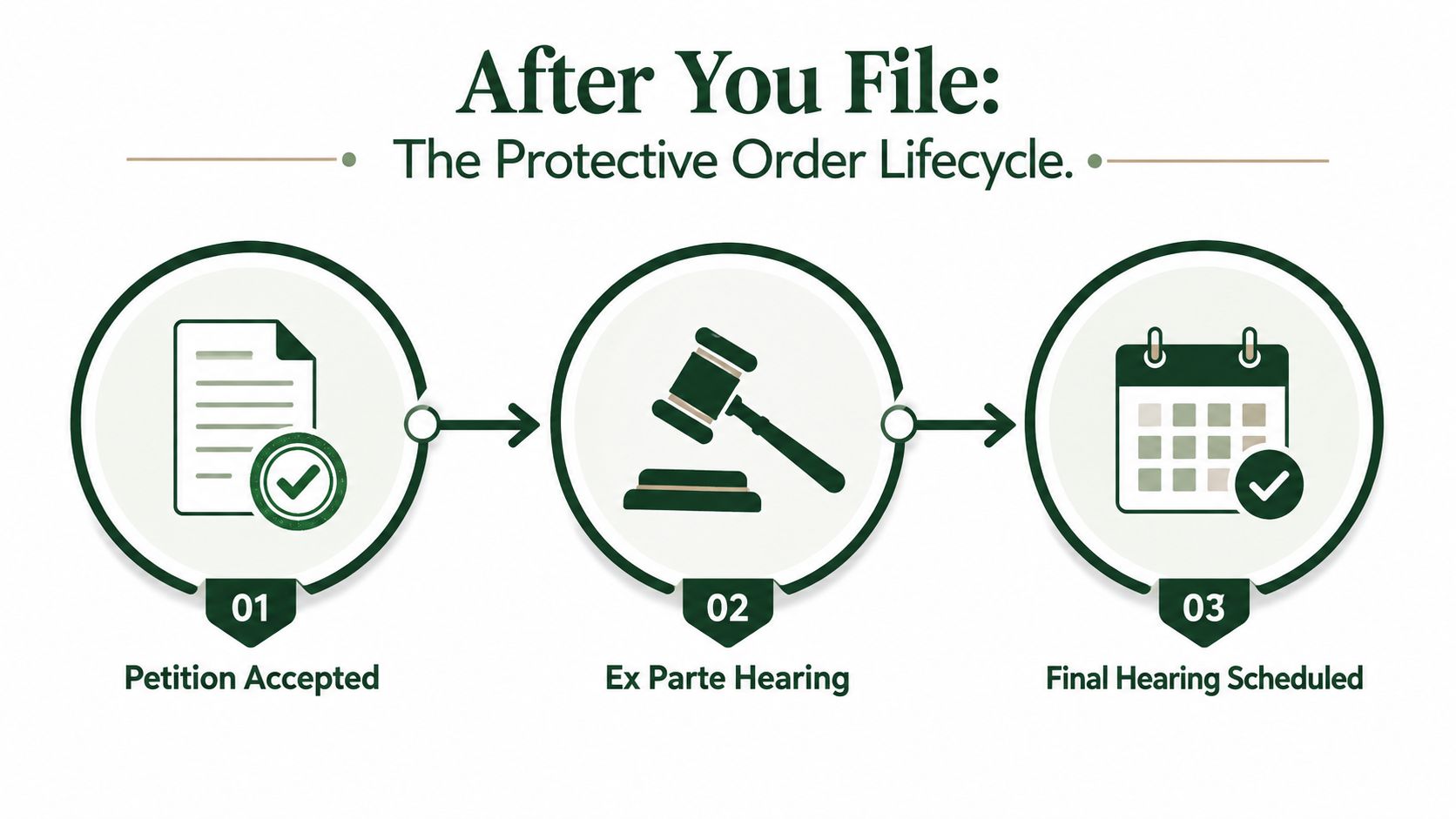 A flow chart showing the three-step protective order lifecycle: Petition Accepted, Ex Parte Hearing, and Final Hearing Scheduled.