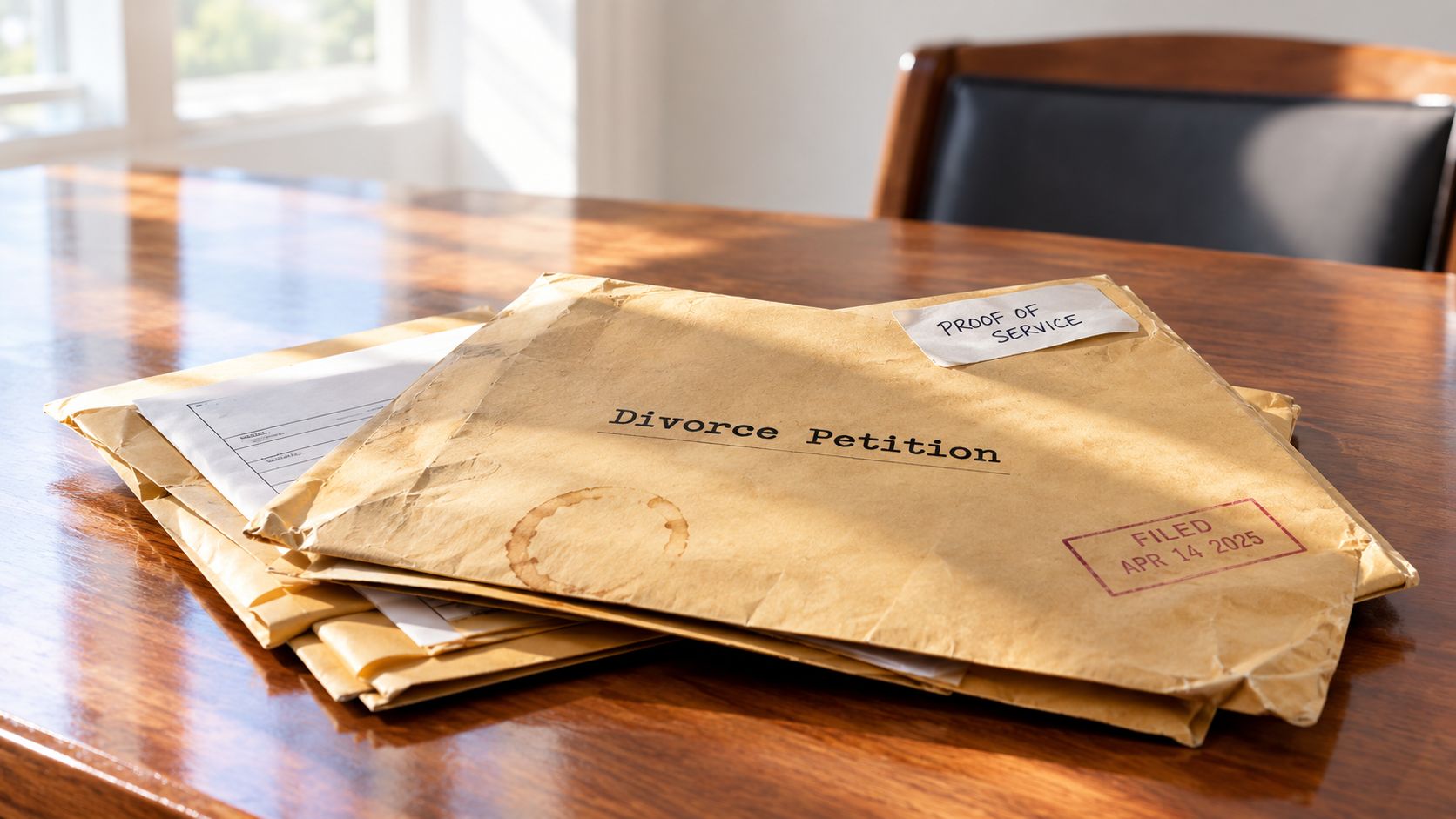 A stack of legal documents titled Divorce Petition with a Proof of Service note resting on a table.
