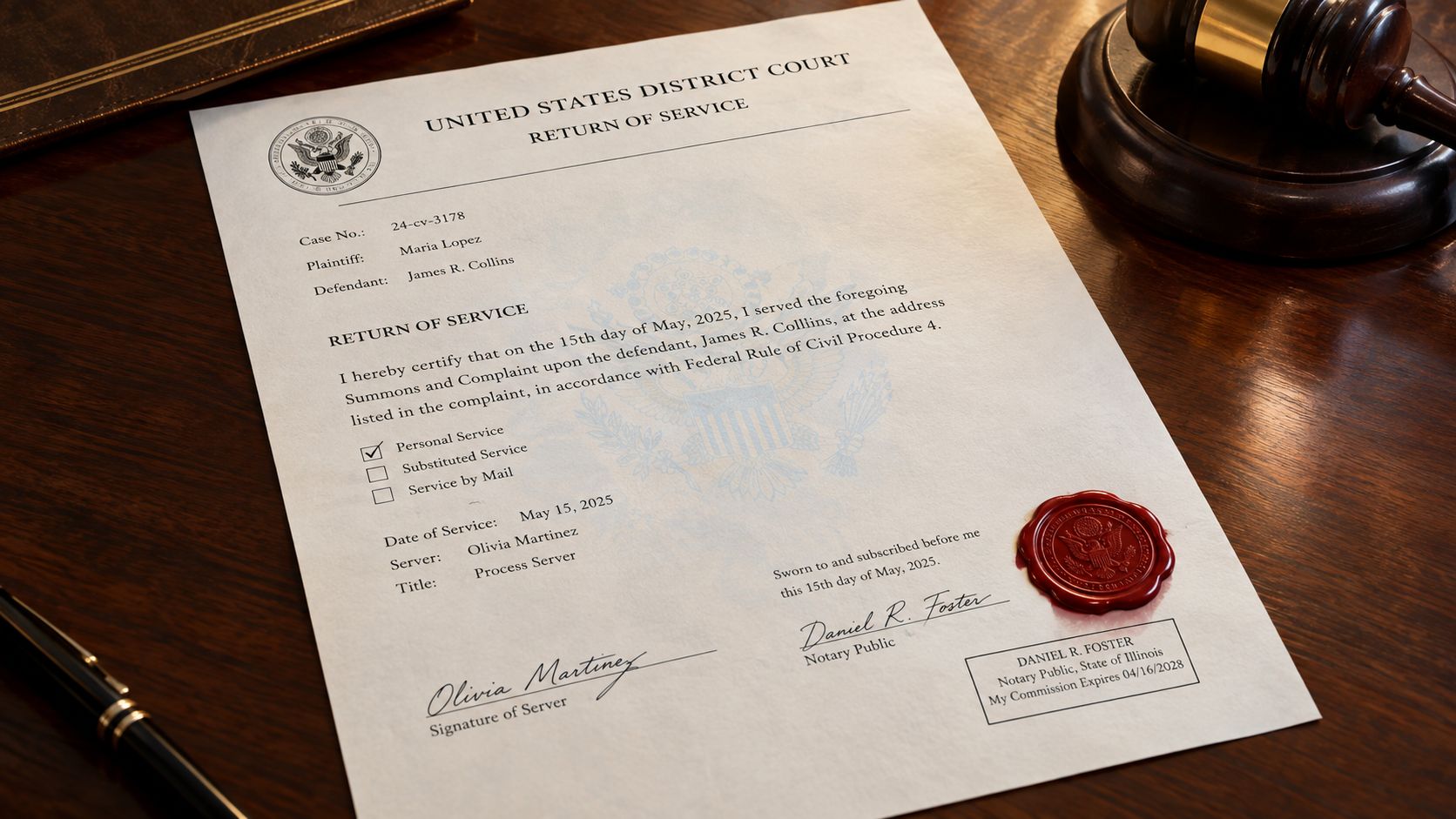 A document titled Return of Service for a US District Court case resting on a wooden desk.