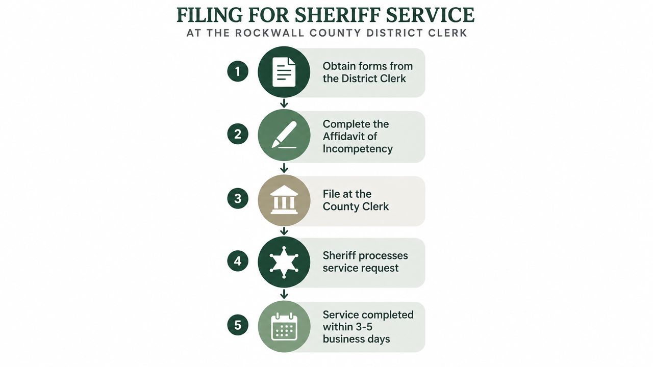 A flowchart showing the five-step process for filing for sheriff service at the Rockwall County District Clerk.
