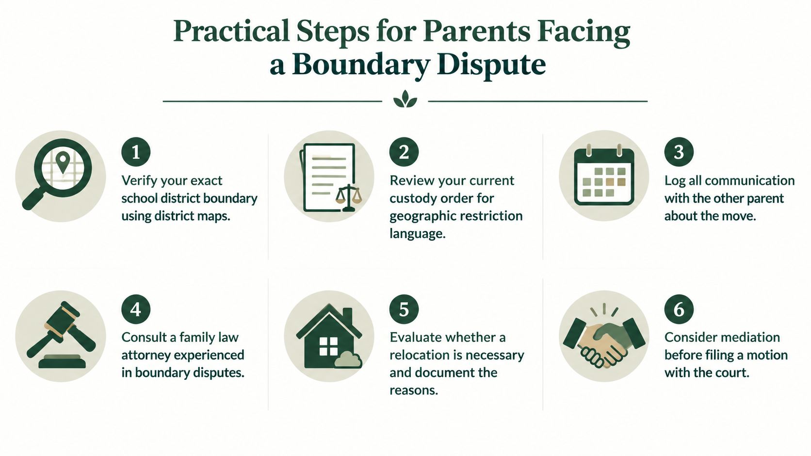 An infographic titled Practical Steps for Parents Facing a Boundary Dispute with six numbered actionable recommendations.