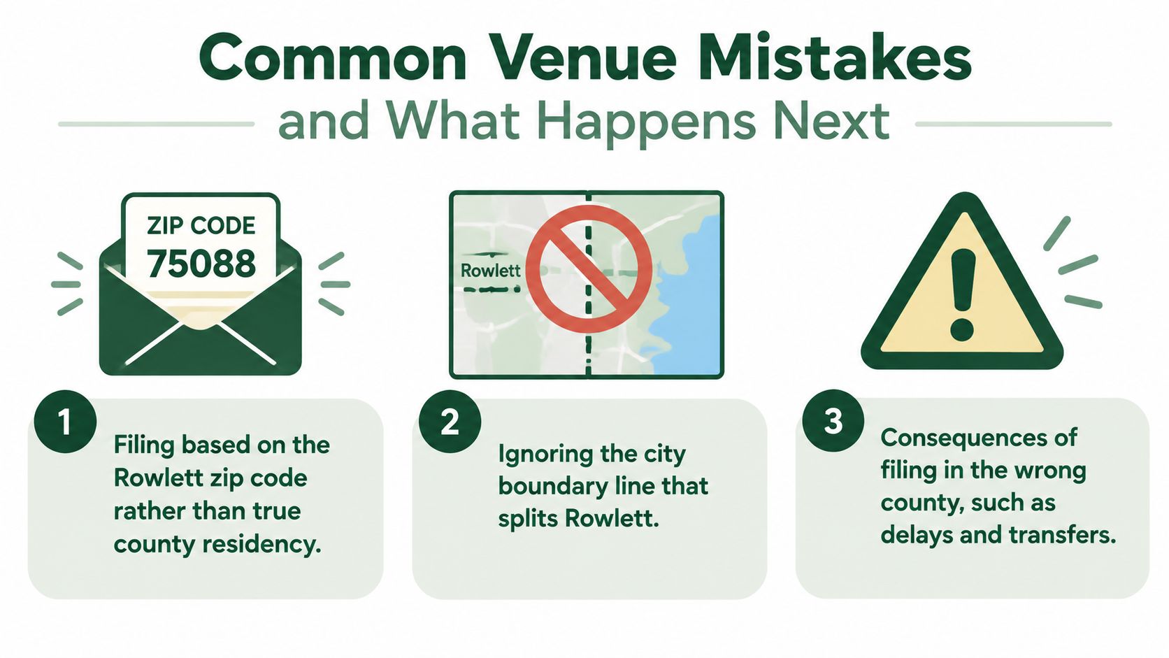An infographic illustrating three common legal venue filing mistakes regarding the city of Rowlett and county jurisdictions.