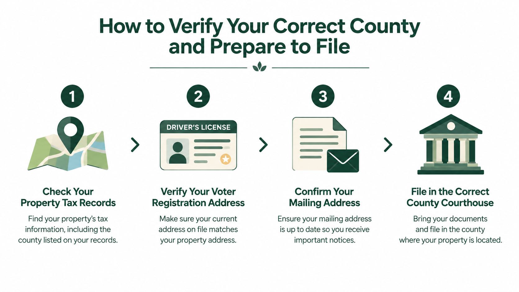 An infographic showing four steps to verify your county location before filing legal documents.