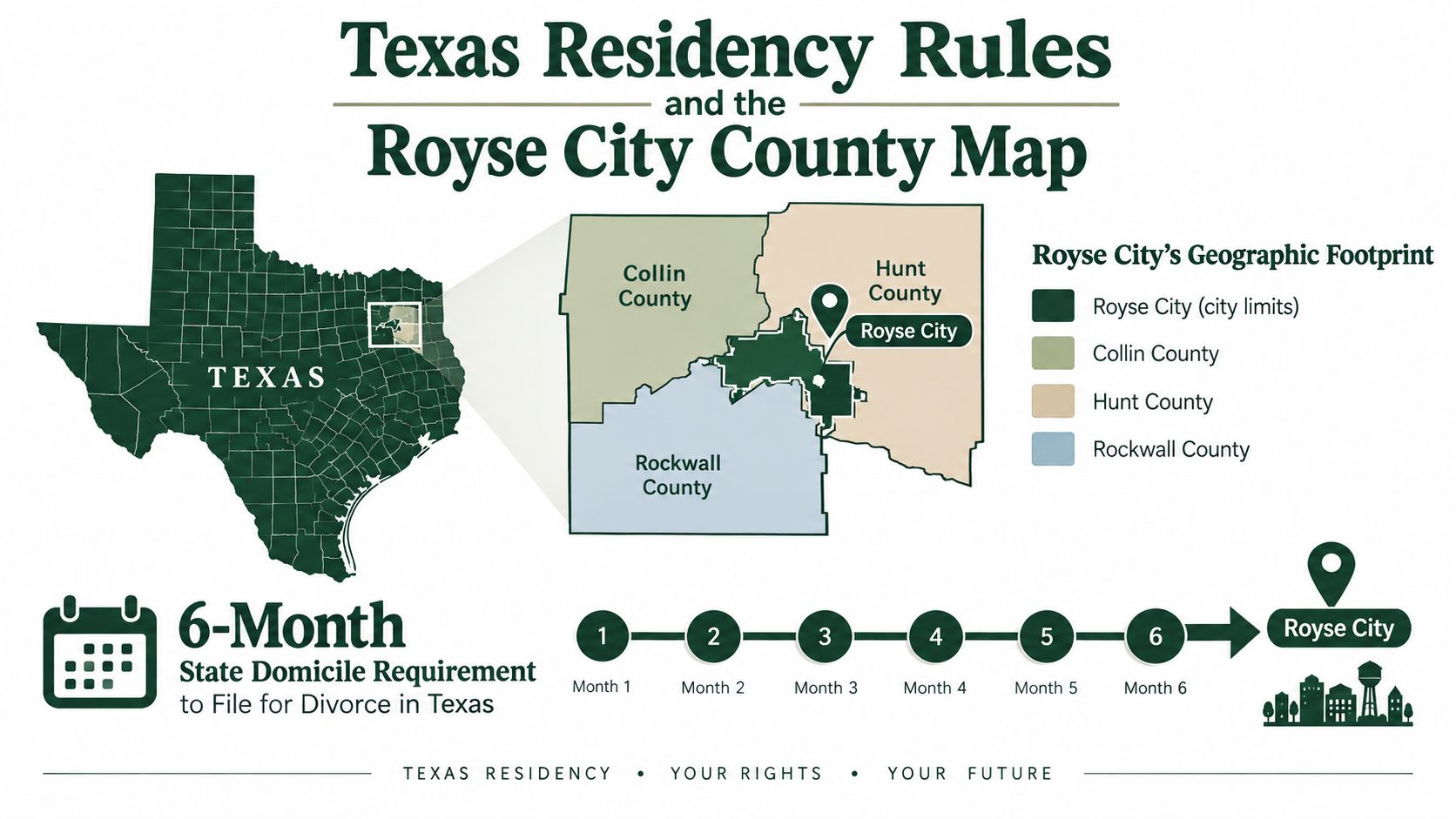 An infographic map of Royse City showing it spans across Collin, Hunt, and Rockwall counties in Texas.